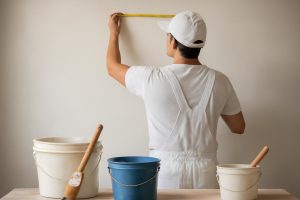 peintre-mesure-mur-lisse-pots-pinceaux