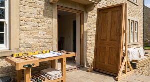 Organisation d'un chantier de façade avant la pose d'une porte d'entrée en bois