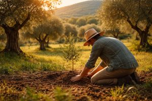 oliveraie-soleil-personne-plantant-arbres