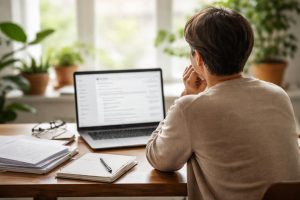 personne-table-documents-ordinateur-plantes
