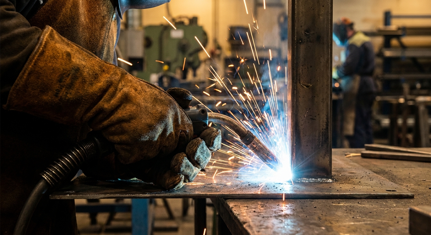 travailleur portant des gants anti chaleur lors d'une opération de soudure en atelier