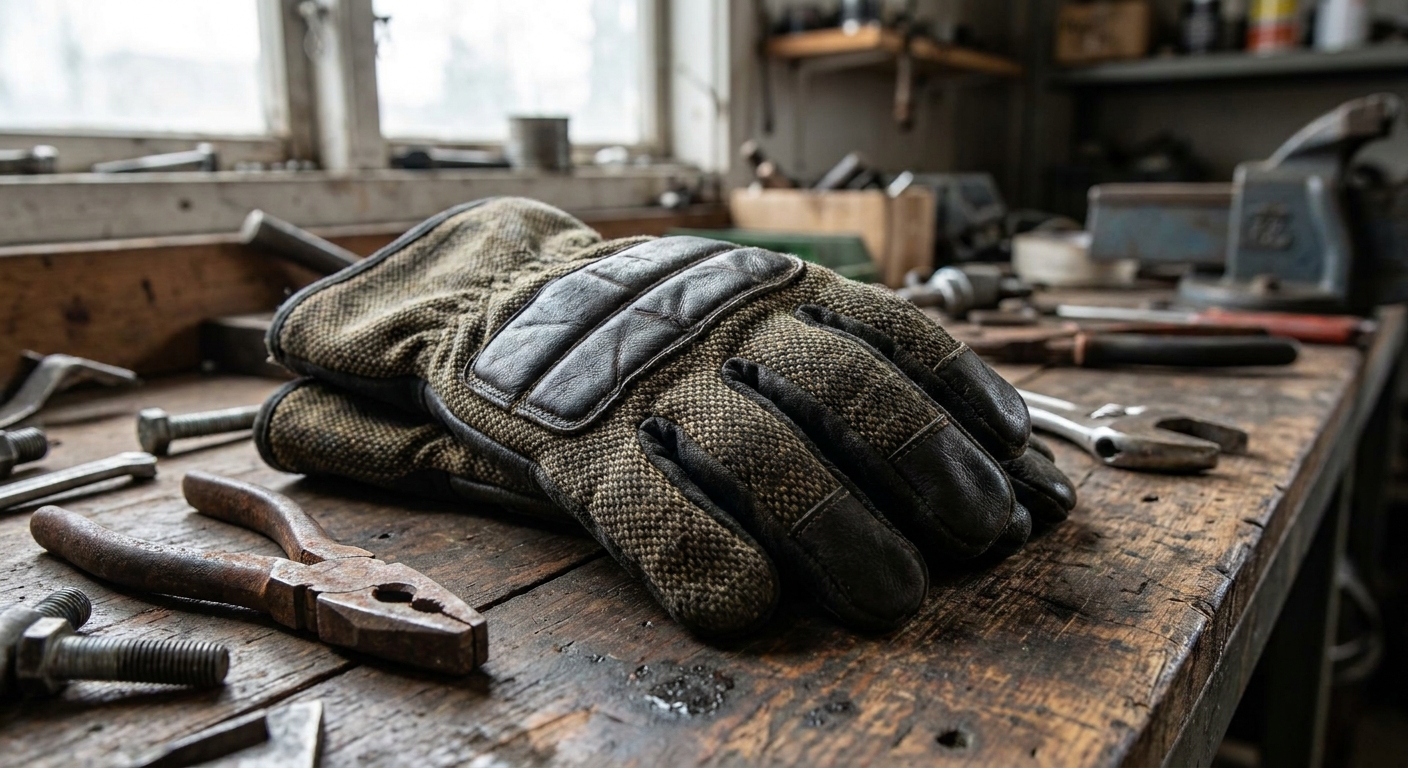 gants de protection thermique certifiés EN 407 posés sur un établi avec des outils de bricolage