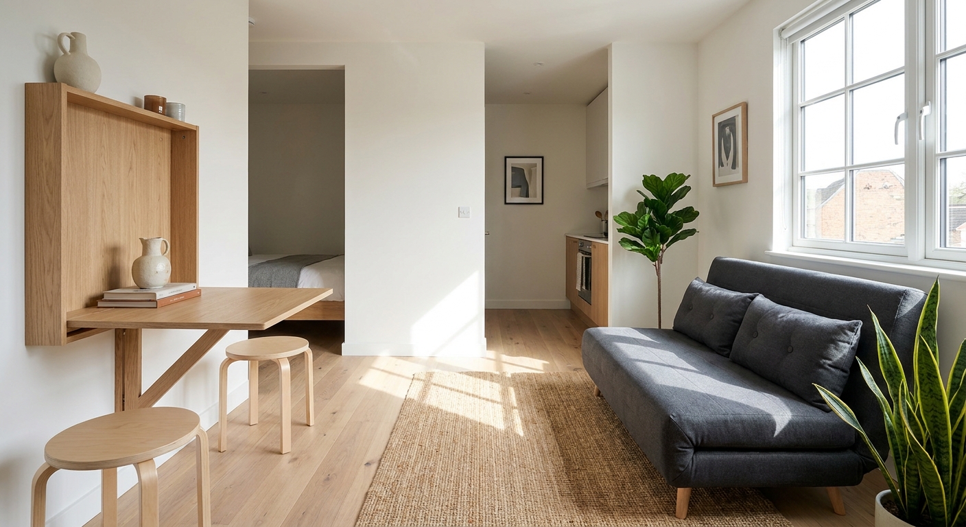 salon compact d'un appartement de 30m2 avec canapé convertible et table escamotable murale