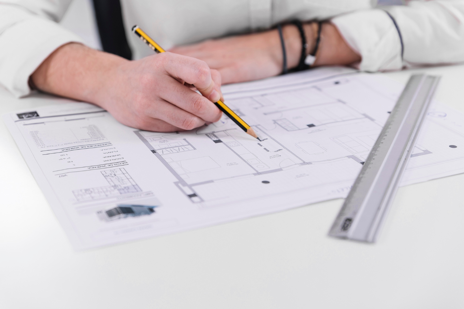Un professionnel travaille sur la plan d'une maison conçue sur mesure.